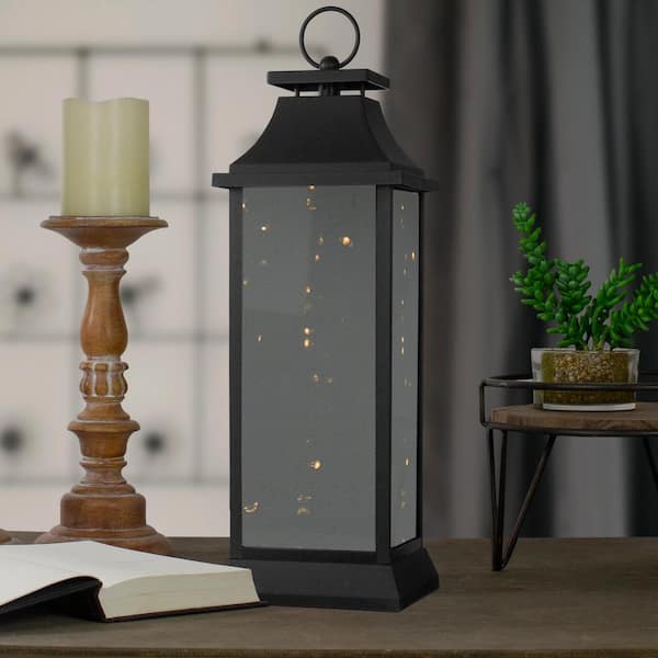 Northlight 19 in. Black LED Battery Operated Mirrored Lantern Warm White Flickering Lights