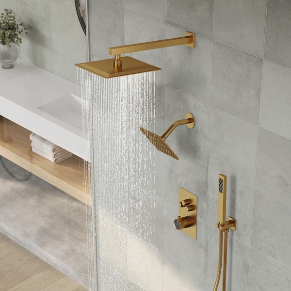 6 in. and 7-Spray 12 in. Thermostatic Wall Bar Shower Systems with Handheld 2.5 GPM in Brushed Gold (Valve Included)