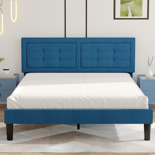 VECELO Upholstered Premium Platform Bed Frame ， 60.4 in. W ，Blue Queen Metal + Wooden Frame With Upholstered back Platform Bed