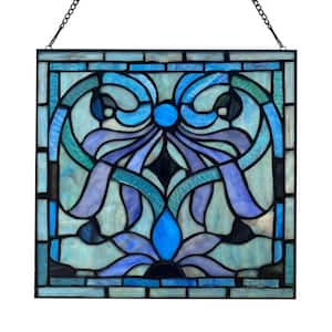 Traditional Geometric Floral Blue and Purple Square Stained Glass Window Panel