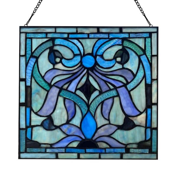 River of Goods Traditional Geometric Floral Blue and Purple Square Stained Glass Window Panel