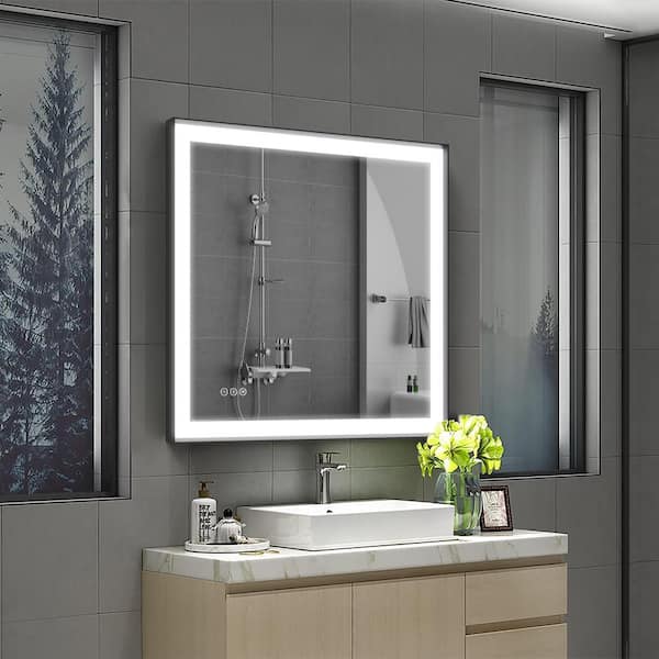 Elevatehome 36 in. W x 36 in. H Square Black Framed Anti-Fog LED Dimmable 3CCT Light Modern Wall Bathroom Vanity Mirror