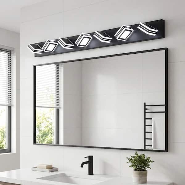 45 in. 7 Light Modern Black Vanity Light Fixture Bathroom Over Mirror Wall Lights with Iron+Acrylic Dimmable