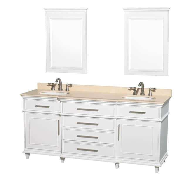 Wyndham Collection Berkeley 72 in. Double Vanity in White with Marble Vanity Top in Ivory, Oval Sink and 24 in. Mirrors