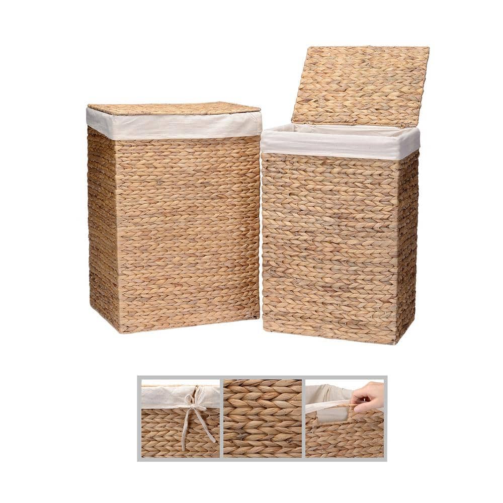 Natural Water Hyacinth Wicker Stackable Laundry Hampers with Lids, 2-Pack