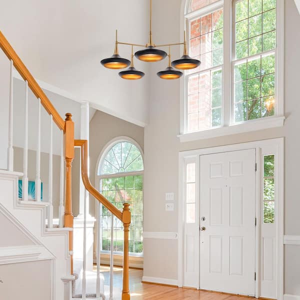 Contemporary Black Mid Century Chandelier with Metal Barn Shades Plating Brass/Gold Accent 5-Light Modern Large Pendant