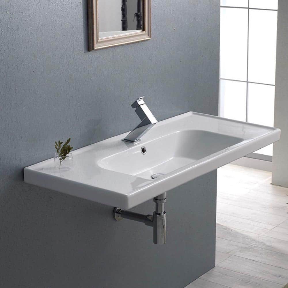 Glossy White Ceramic Rectangular Wall-Mount Bathroom Sink