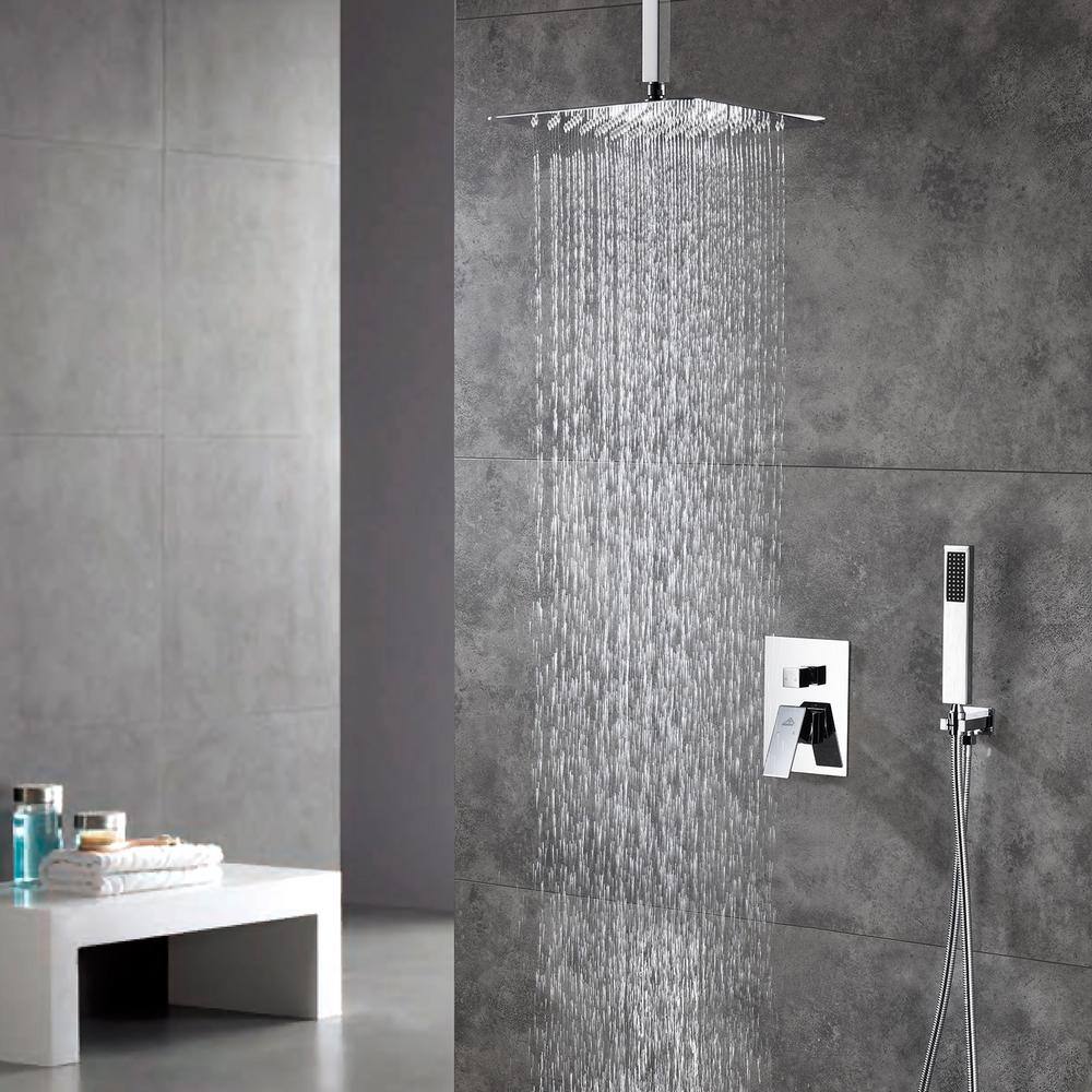 Large Chrome Dual Square Ceiling Mounted Rain Shower System