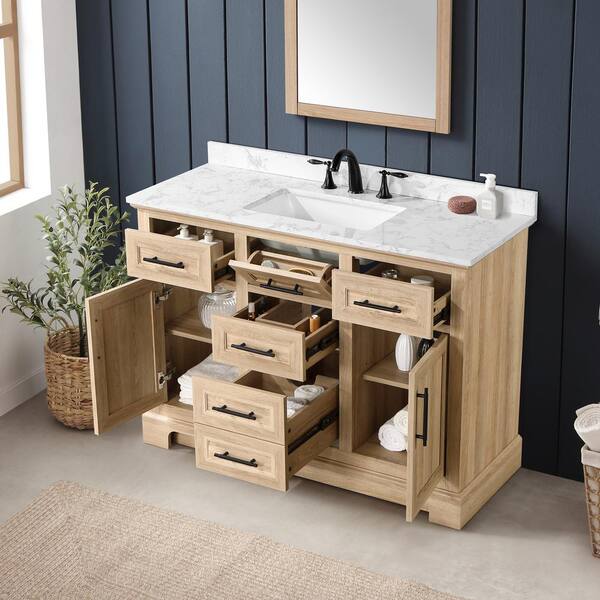 Home Decorators Collection Doveton 60 in. W x 19 in. D x 34 in. H Double Sink Bath Vanity in Weathered Tan with White Engineered Marble Top
