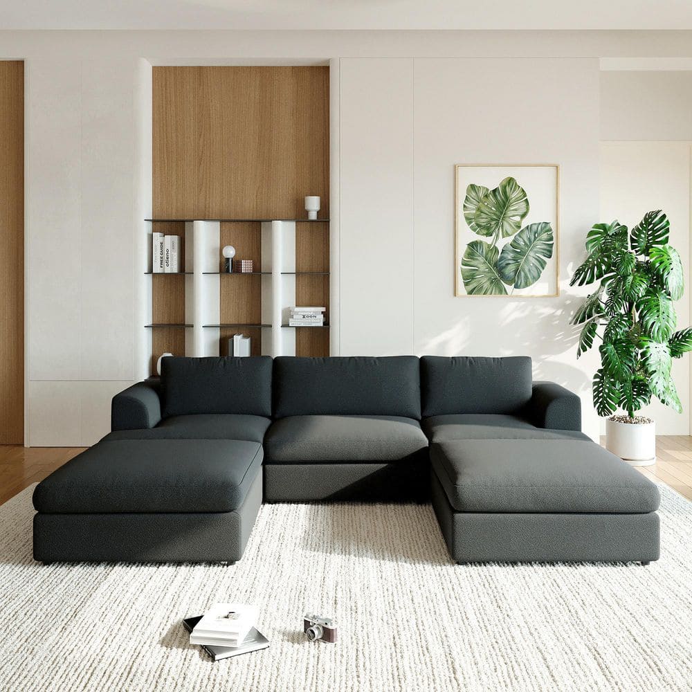 118 in. Flared Arm 5-piece Boucle Fabric Sectional Sofa U-shaped Cloud Couch with Detchable Covers, Ottomans in Black price history on PriceWatchPro