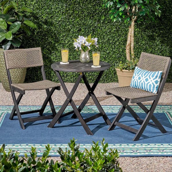 Unbranded Gray 3-Piece Patio Bistro Set Hand Woven Wicker Outdoor Furniture Set, Foldable Outdoor Patio Bistro Table and 2 Chairs