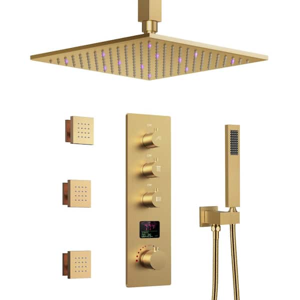 GRANDJOY IntelliFlow Quadruple Handle 7-Spray Tub and Shower Faucet 2.5 GPM in Brushed Gold Valve Included