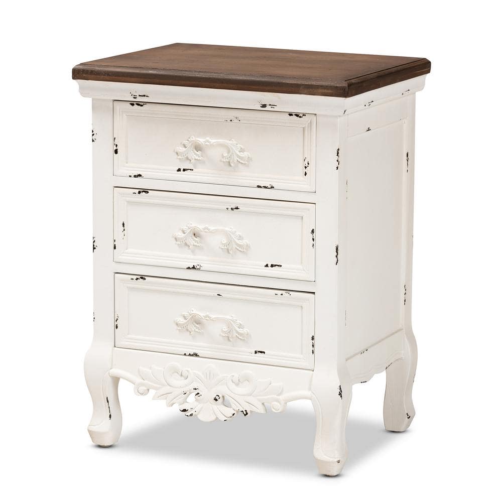 Levron Antique White and Walnut Brown 3-Drawer Solid Wood Nightstand