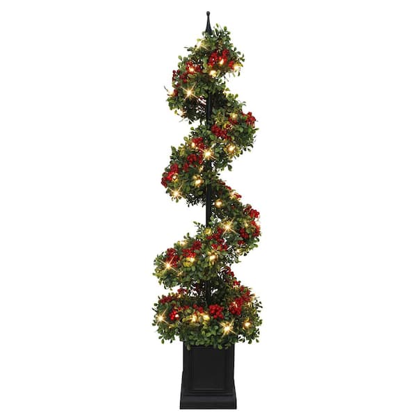 4 ft. Pre-Lit Potted Swirl Artificial Christmas Tree Adorned with Red Berries