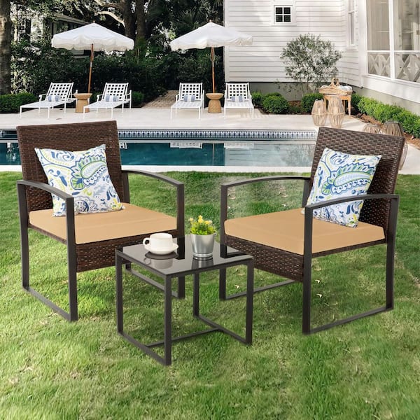 3-Piece Brown Wicker Patio Outdoor Bistro Set with Brown Cushions and 1 Side Table
