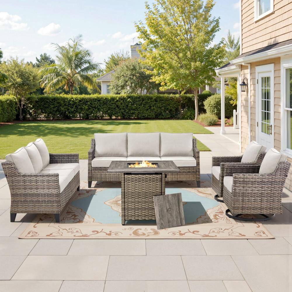 GlideRail Gray Swivel Glider Wicker Fire Pit Conversation Set with Beige Olefin 4 in. Thick Cushions/Sofa (5-Piece) price history on PriceWatchPro
