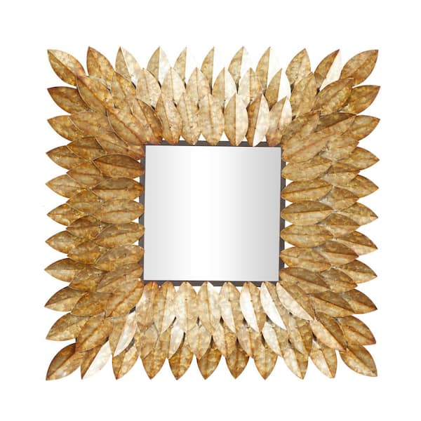 Litton Lane 30 in. x 30 in. Radial Square Framed Brown Leaf Wall Mirror