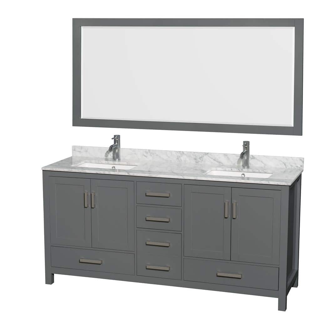 Sheffield 72 in. W x 22 in. D x 35 in. H Double Bath Vanity in Dark Gray with White Carrara Marble Top and 70"" Mirror -  Wyndham Collection, 700161169553