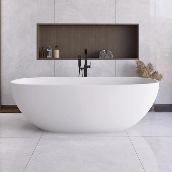 67 in. x 29.5 in. Solid Surface Freestanding Soaking Bathtub with Center Drain in Matte White