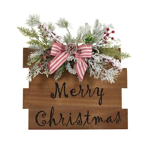 20 in. Holiday Merry Christmas Door Wall Hanger with Pine and Berries Stripped Bow Wall Art Décor