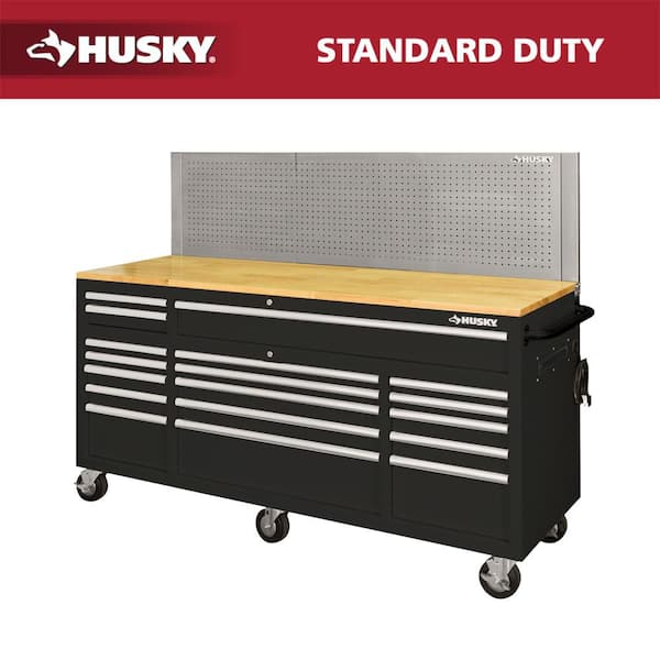 72 in. W x 24 in. D 18-Drawer Standard Duty Mobile Workbench Cabinet with Solid Wood Top and Pegboard in Gloss Black