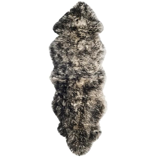 Sheep Skin 2 ft. x 8 ft. Ivory/Dark Charcoal Solid Color Gradient Runner Rug