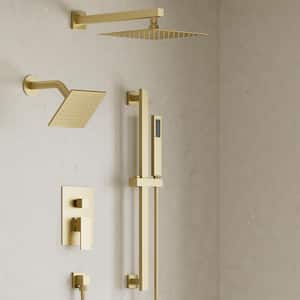 3-Spray 10&6 in. Wall Mount Dual Shower Heads and Handheld Shower Head 2.5 GPM in Brushed Gold (Valve Included)
