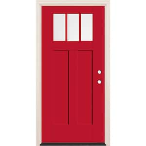 36 in. x 80 in. Left-Hand 3-Lite Clear Glass Ruby Red Painted Fiberglass Prehung Front Door with 6-9/16 in. Frame
