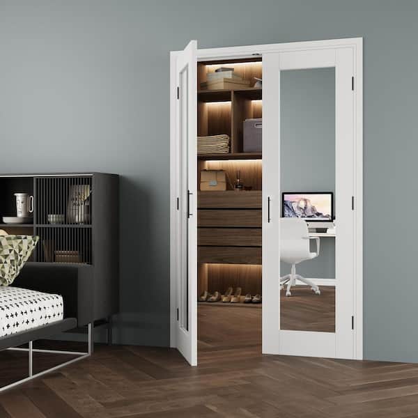 48 in. x 80 in. 1-Lite Mirrored Glass Universal White Solid Core Glass Double Prehung French Door +Quick Jamb&Ball Catch