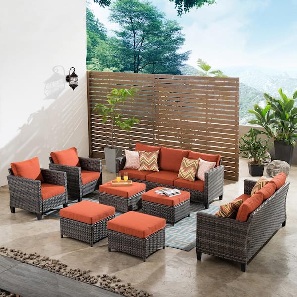 OVIOS Gray 8-Piece Wicker Outdoor Patio Conversation Seating Set with Red Cushions