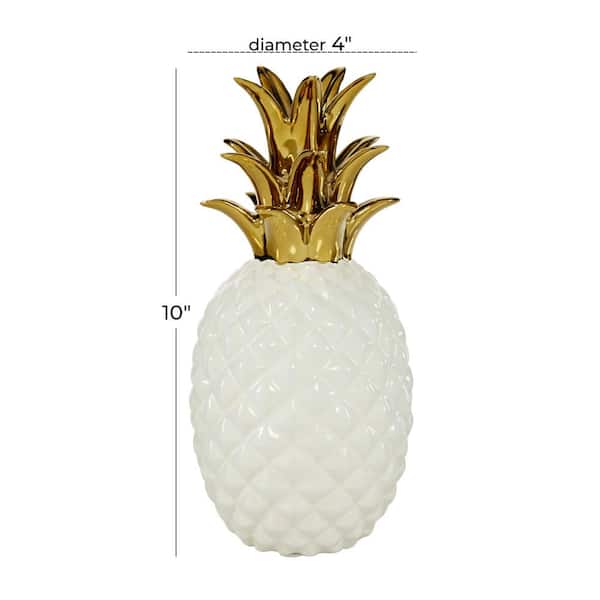4 in. x 10 in. White Porcelain Pineapple Fruit Sculpture with Gold Leaves