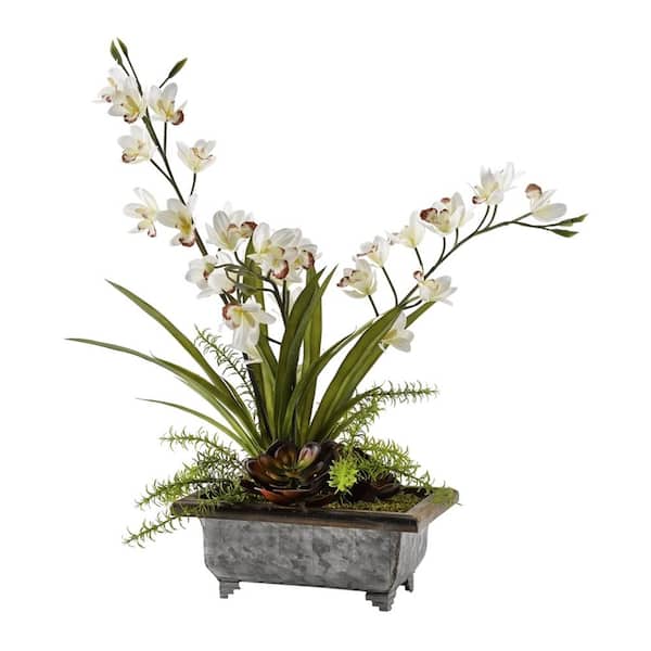 D&W Silks Artificial Indoor Cream Cymbidium Orchids with Red Echeveria in Rectangle Metal Planter