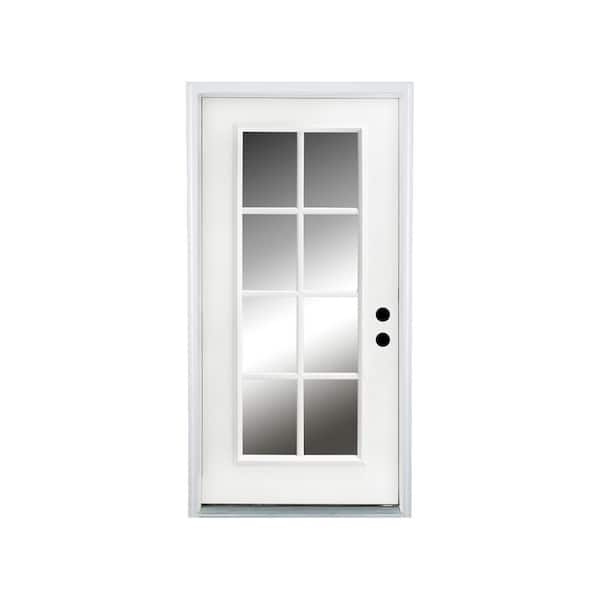 36 in. x 80 in. Flush Left-Hand 1 Lite Decorative Glass White Fiberglass Prehung Front Door with Threshold, Hinge