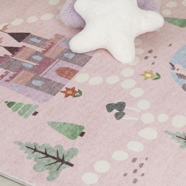 8 ft. x 11 ft. Pink White and Blue Juvenile Castle and Rainbow Youthful Area Rug