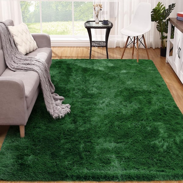 Tie Dye 6' x 9' Fluffy Rug Non-Slip Faux Fur Solid Green