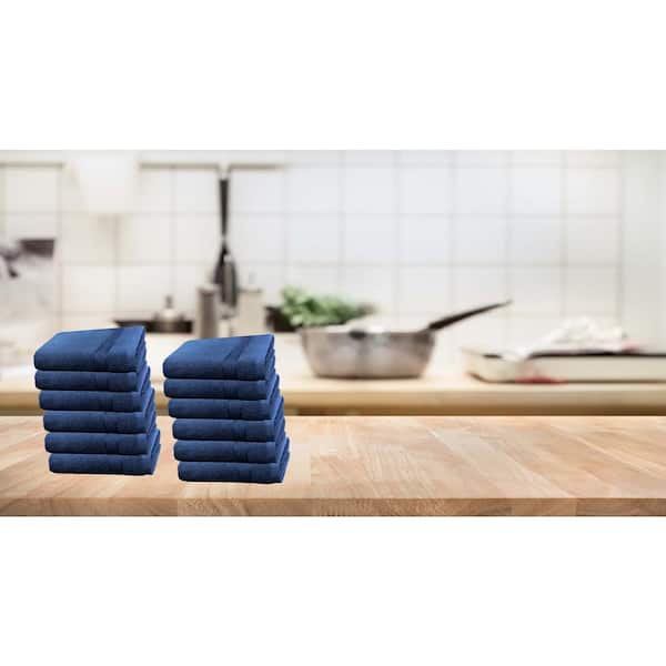 13 x 13 Navy Blue Stripe Pattern 20 oz. Premier 100% Cotton Terry Dish Cloth with Hanging Loop - 12/Pack