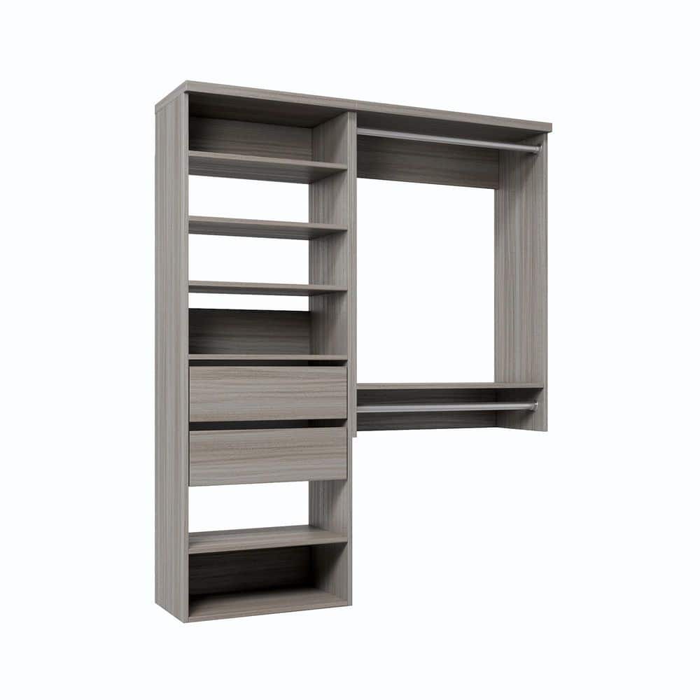 63 in. W Grey Oak Reach-in Wall-Mount 2-Rod 2-Reveal-Drawers 6-Shelf Wood Closet System