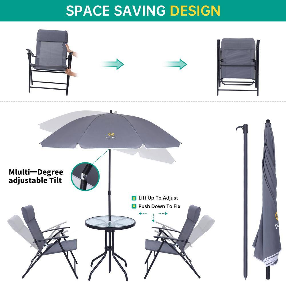 Gray 4-Piece Steel Patio Dining Set with Umbrella and Glass Table