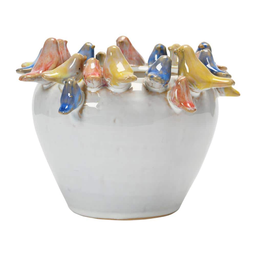 Multicolor Stoneware Planter with Birds on Rim