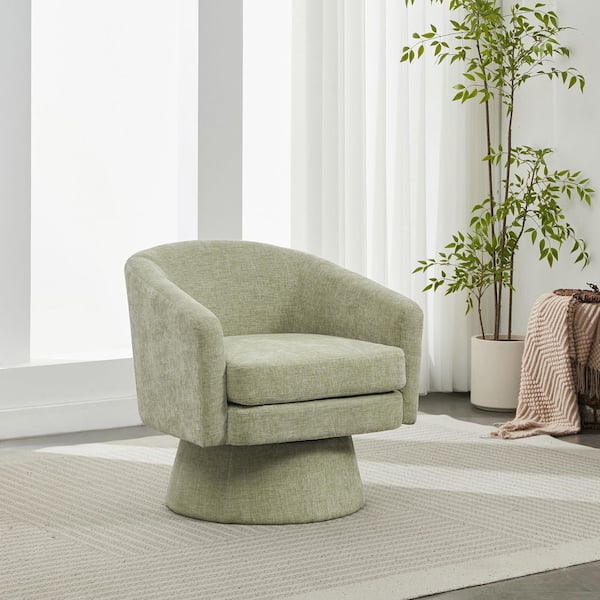 Truvin Contemporary Green Chenille Upholstered Swivel Accent Arm Chair with Curved Backrest, Barrel Base