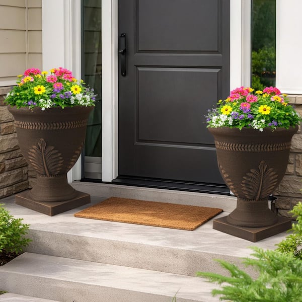 Pure Garden Outdoor Planter 2-Pack - 15.25x18.8in Large Plastic Urn Planters with Drainage, Bronze