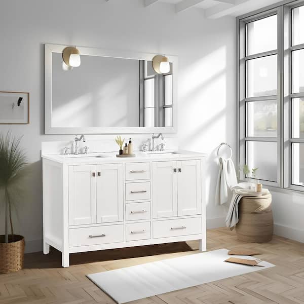 GlamourAura 60 in. W x 22 in. D x 39.24 in. H Double Sink Bath Vanity in White with White Engineered Stone Top