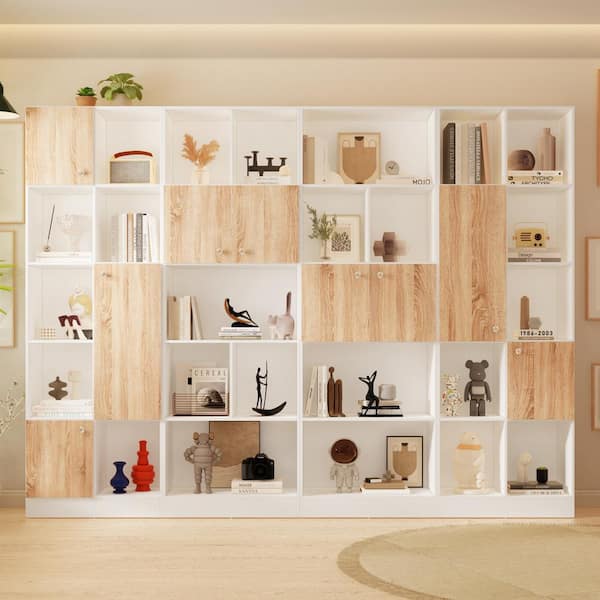 FUFU&GAGA 70.8 in. Tall White and Brown Wood 33-Shelf Combo Standard Bookcase Bookshelf Display Cabinet With Doors, Open Shelves