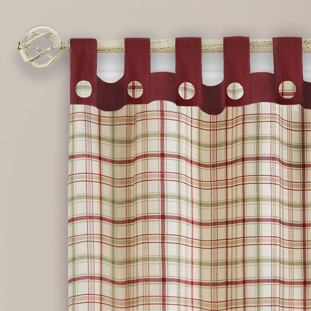 Burgundy Plaid Polyester Tab Top Light-Filtering Drapes
