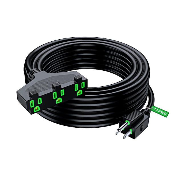 50 ft. 10 / 3 Heavy Duty Indoor T-Shaped Extension Cord 3-Outlet 15 Amps Black