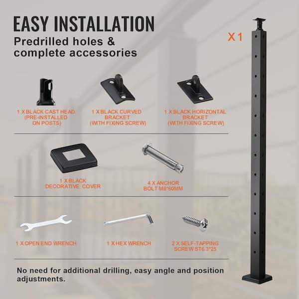 VEVOR Cable Railing Post, 42 x 1 x 2 in. Steel L-Shaped Hole Corner Railing Post, 12 Holes, Stair Railing Kit, SUS304, Black
