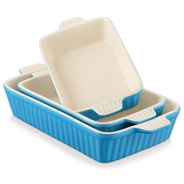 3-Piece Blue Rectangular Porcelain Baking Dish Set w/ Handles Casserole Lasagna Bakeware 11.1 in. + 12.2 + 14.7 in.