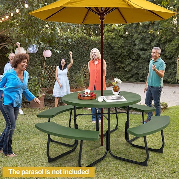 75 in. Green Round Picnic Table Outdoor Bench Set Seats 8-People with 4 Benches and Umbrella Hole