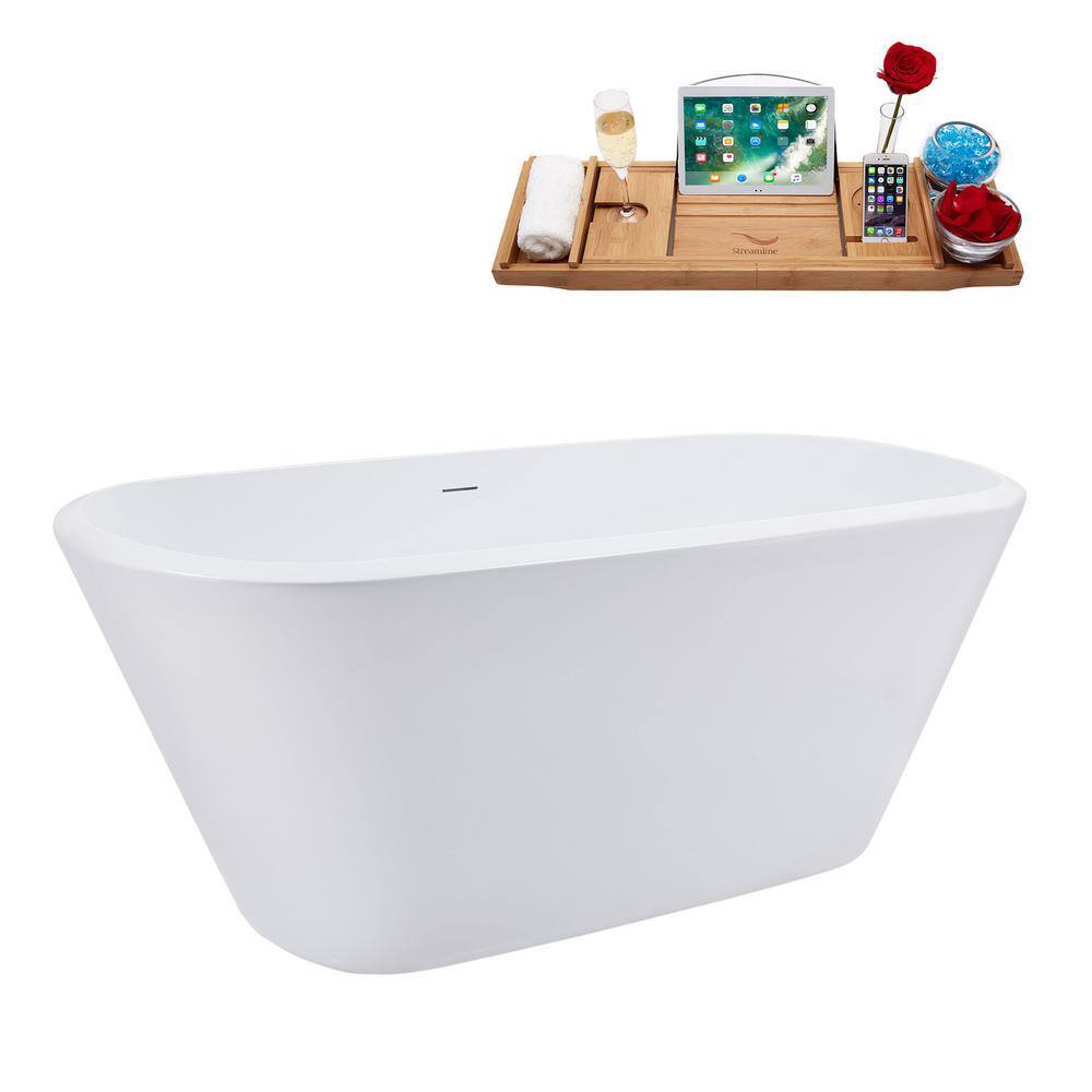 59'' Glossy White Acrylic Freestanding Soaking Bathtub with Gold Drain