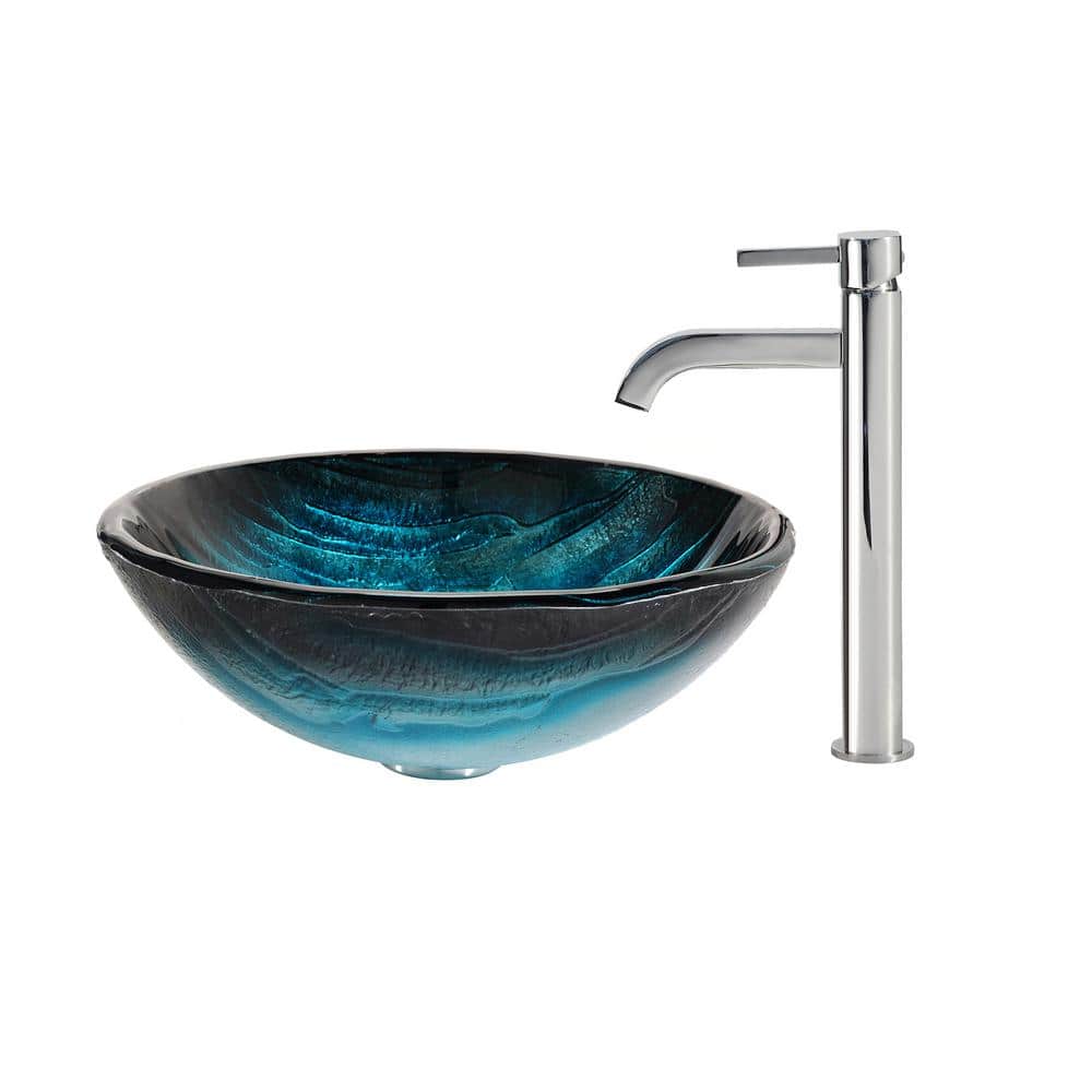 Ice-Blue Glass Vessel Sink with Chrome Faucet